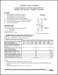 PG5401 datasheet: Glass passivated junction plastic rectifier. Max recurrent peak reverse voltage 100 A. Max average forward rectified current 0.375inches lead length at Ta = 55degC 3.0 A.. PG5401