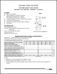 PS101R datasheet: Fast switching plastic diode. Max recurrent peak reverse voltage 100 A. Max average forward rectified current 9.5mm lead length at Ta = 55degC  1.0 A. PS101R
