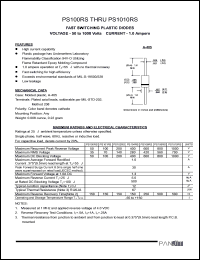 PS106RS datasheet: Fast switching plastic diode. Max recurrent peak reverse voltage 600 V. Max average forward rectified current 9.5mm lead length at Ta = 55degC  1.0 A. PS106RS