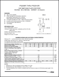 PS201R datasheet: Fast switching plastic rectifier. Max recurrent peak reverse voltage 100 V. Max average forward rectified current 9.5mm lead length at Ta = 55degC  2.0 A. PS201R