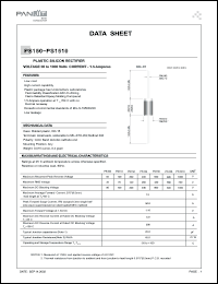 PS150 datasheet: Plastic silicon rectifier. Max recurrent peak reverse voltage 50 V. Max average forward rectified current 9.5mm lead length at Ta = 60degC  1.5 A. PS150