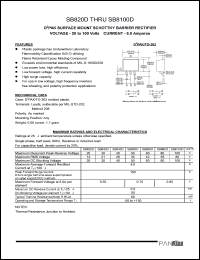 SB830D datasheet: DDPak surfase mount schottky barrier rectifier. Max recurrent peak reverse voltage 30 V. Max average forward rectified current at Tc = 100degC  8 A. SB830D