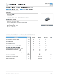 SD103AW datasheet: Surfase mount schottky barrier rectifier. Max recurrent peak reverse voltage 40 V. Max average forward rectified current at Ta = 25degC  0.35 A. SD103AW
