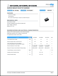 SD103BWS datasheet: Surfase mount schottky barrier rectifier. Max recurrent peak reverse voltage 30 V. Max average forward rectified current at Ta = 25degC  0.35 A. SD103BWS