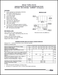 SK33 datasheet: Surfase mount schottky barrier rectifier. Max recurrent peak reverse voltage 30 V. Max average forward rectified current at Tl = 75degC 3.0 A. SK33