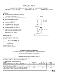 P6KE6.8 datasheet: Glass passivated junction transient voltage suppressor. 600 Watt peak power. 5.0 Watt steady state. Vrwm = 5.50V, Vbr(min/max) = 6.12/7.48V, It = 10 mA. P6KE6.8