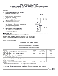 SA5.0A datasheet: Glass passivated junction transient voltage suppressor. 500 Watt peak pulse power. Vrwm = 5.00V, Vbr(min/max) = 6.40/7.25V, It = 10 mA. SA5.0A