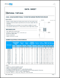 TSP065A datasheet: Axial lead bi-directional thyristor surge protector device. Rated repetitive peakoff-state voltage 65V. Breakover voltage 88V. On-state voltage 5V. Repetitive peakoff-state current 5uA  Breakover current 800mA. TSP065A