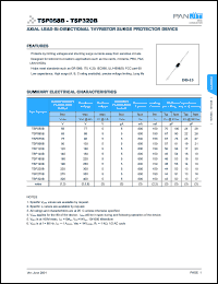 TSP065B datasheet: Axial lead bi-directional thyristor surge protector device. Rated repetitive peakoff-state voltage 65V. Breakover voltage 88V. On-state voltage 5V. Repetitive peakoff-state current 5uA  Breakover current 800mA. TSP065B