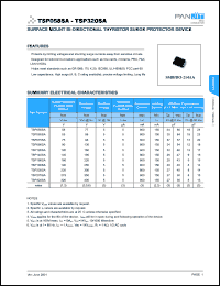 TSP058SA datasheet: Surfase mount bi-directional thyristor surge protector device. Rated repetitive peakoff-state voltage 58V. Breakover voltage 77V. On-state voltage 5V. Repetitive peakoff-state current 5uA  Breakover current 800mA. TSP058SA