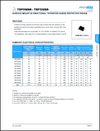 TSP275SB datasheet: Surfase mount bi-directional thyristor surge protector device. Rated repetitive peakoff-state voltage 275V. Breakover voltage 350V. On-state voltage 5V. Repetitive peakoff-state current 5uA  Breakover current 800mA. TSP275SB