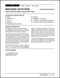 MACH220-15JC datasheet: High-density EE CMOS programmable logic, 96 macrocells, 48 outputs, 56 inputs with pull-up resistors, 96 flip-flops; 4 clock choices, 15ns MACH220-15JC