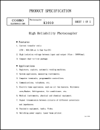 K1010D datasheet: Photocoupler, CTR 300 to 600%. for registers, copiers, automatic vending machines, communications, telephone, etc K1010D