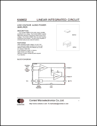 KA8602 datasheet: Low voltage audio power amplifier. Operating supply voltage Vcc = 2V-16V. Output current Io = 250mA. Peak load current IL(peak) = +-200mA. KA8602