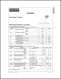 KSP92 datasheet: High voltage PNP transistor, collector-emitter=300V, collector power dissipation=625 mW KSP92