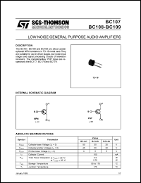 BC107A datasheet: NPN transistor for general purpose audio amplifiers, collector-emitter=45V, collector current=0.1A, hFE= 180 BC107A