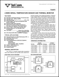 TCN75-3.3MOA datasheet: 2-wire serial temperature sensor and thermal monitor. Supply voltage 3.3V. TCN75-3.3MOA