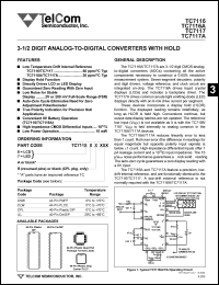 TC7116RCPL datasheet: 3-1/2 digit analog-to-digital converter with hold. Directly drive LCD display. Low temperature drift internal reference 80 ppm/degC. TC7116RCPL