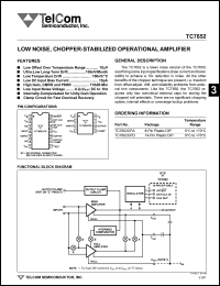 TC7652CPA datasheet: Low noise, chopper-stabilized operational amplifier. Max Vos =  +-5microV TC7652CPA