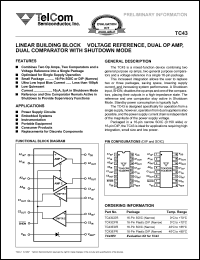 TC43COR datasheet: Linear building block - voltage reference, dual op amp, dual comparator with shutdown mode. TC43COR