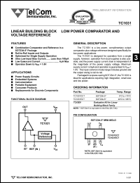 TC1031ECT datasheet: Linear building block - quad low power comparator and voltage reference. TC1031ECT