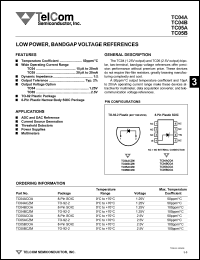 TC04ACOA datasheet: Low power, bandgap voltage reference. Output voltage option 1.25V. Operating current range 15microA to 20mA. Max temperature coefficient 50ppm/degC. TC04ACOA