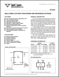 TC1014-2.7VCT datasheet: 50mA CMOS LDO with shutdown and reference bypass. Output voltage 2.7V. TC1014-2.7VCT