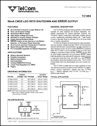 TC1054-2.5VCT datasheet: 50mA CMOS LDO with shutdown and error output (it can be used as a low battery detector, or processor reset generator). Output voltage 2.5 V. TC1054-2.5VCT