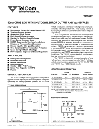 TC1072-2.5VCH datasheet: 50mA CMOS LDO with shutdown, error output (it can be used as a low battery detector, or processor reset generator) and Vref bypass. Output voltage 2.5 V. TC1072-2.5VCH