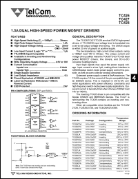 TC426COA datasheet: Dual high-speed power MOSFET driver. Wide operating supply voltage 4.5V to 18V. High peak output current 1.5A. Confiruration inverting. TC426COA