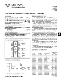 TC426EPA datasheet: Dual high-speed power MOSFET driver. Wide operating supply voltage 4.5V to 18V. High peak output current 1.5A. Confiruration complementary. TC426EPA