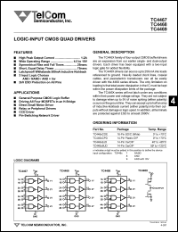 TC4468COE datasheet: Logic-input CMOS quad driver. High peak output current 1.2A. Wide operating range 4.5 to 18V. Device input configuration AND. TC4468COE