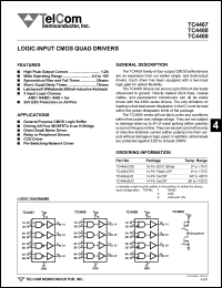 TC4469COE datasheet: Logic-input CMOS quad driver. High peak output current 1.2A. Wide operating range 4.5 to 18V. Device input configuration AND with INV. TC4469COE