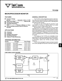 TC1232COA datasheet: Microprocessor monitor. Precision voltage monitor adjustable +4.5V or +4.75V. Reset pulse width 250msec Min TC1232COA