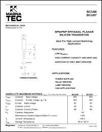 BCU87 datasheet: PNP epitaxial planar silicon tpansistor. Ideal for high current switching application. BCU87