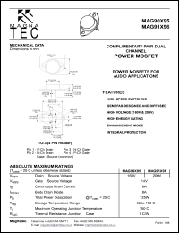 MAG91X96 datasheet: Complimentary pair dual chanel power MOSFET. Power MOSFETs for audio applications. Drain - source voltage +,-200V. MAG91X96