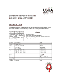 1N5833 datasheet: Switchmode power rectifier schottky diode. Ideally suited for use as rectifiers in low voltage. High frequency invertors. Free wheeling diodes and polarity protection diodes. Vrrm = 30V. Vrsm = 36V. 1N5833