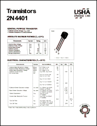 2N4401 datasheet: General purpose transistor. Collector-emitter voltage: Vceo = 40V. Collector-base voltage: Vcbo = 60V. Collector dissipation: Pc(max) = 625mW. 2N4401