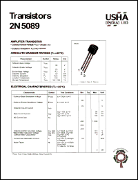 2N5089 datasheet: Amplifier transistor. Collector-emitter voltage: Vceo = 25V. Collector-base voltage: Vcbo = 30V. Collector dissipation: Pc(max) = 625mW. 2N5089