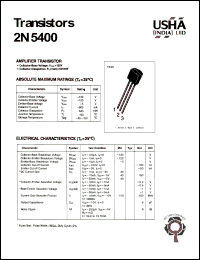 2N5400 datasheet: Amplifier transistor. Collector-emitter voltage: Vceo = -120V. Collector-base voltage: Vcbo = -130V. Collector dissipation: Pc(max) = 625mW. 2N5400
