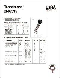 2N6516 datasheet: High voltage transistor. Collector-emitter voltage: Vceo = 250V. Collector-base voltage: Vcbo = 250V. Collector dissipation: Pc(max) = 625mW. 2N6516