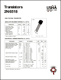 2N6518 datasheet: High voltage transistor. Collector-emitter voltage: Vceo = -250V. Collector-base voltage: Vcbo = -250V. Collector dissipation: Pc(max) = 0.625W. 2N6518