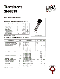 2N6519 datasheet: High voltage transistor. Collector-emitter voltage: Vceo = -300V. Collector-base voltage: Vcbo = -300V. Collector dissipation: Pc(max) = 0.625W. 2N6519