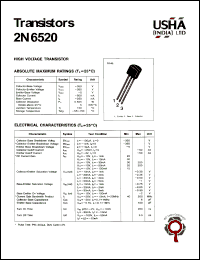 2N6520 datasheet: High voltage transistor. Collector-emitter voltage: Vceo = -350V. Collector-base voltage: Vcbo = -350V. Collector dissipation: Pc(max) = 0.625W. 2N6520