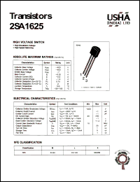 2SA1625 datasheet: High voltage switch. Collector-base voltage: Vcbo = -400V. Collector-emitter voltage: Vceo = -400V. Emitter-base voltage Vebo = -7V. Collector dissipation: Pc(max) = o.75W. 2SA1625