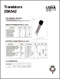 2SA542 datasheet: Low frequency amplifier. Collector-base voltage: Vcbo = -30V. Collector-emitter voltage: Vceo = -25V. Emitter-base voltage Vebo = -5V. Collector dissipation: Pc(max) = 250mW. 2SA542