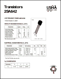 2SA642 datasheet: Low frequency power amplifier. Collector-base voltage: Vcbo = -30V. Collector-emitter voltage: Vceo = -25V. Emitter-base voltage Vebo = -5V. Collector dissipation: Pc(max) = 400mW. 2SA642