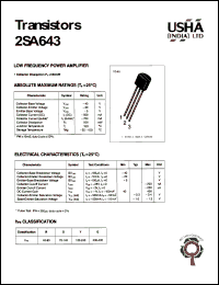 2SA643 datasheet: Low frequency power amplifier. Collector-base voltage: Vcbo = -40V. Collector-emitter voltage: Vceo = -20V. Emitter-base voltage Vebo = -5V. Collector dissipation: Pc(max) = 500mW. 2SA643