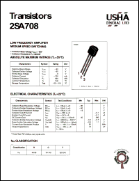 2SA708 datasheet: Low frequency amplifier medium speed switching. Collector-base voltage: Vcbo = -80V. Collector-emitter voltage: Vceo = -60V. Emitter-base voltage Vebo = -8V. Collector dissipation: Pc(max) = 800mW. 2SA708