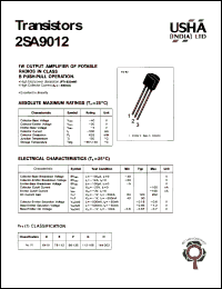 2SA9012 datasheet: 1W output amplifier or portable radios in class B push-pull operation. Collector-base voltage: Vcbo = -40V. Collector-emitter voltage: Vceo = -20V. Emitter-base voltage Vebo = -5V. Collector dissipation: Pc(max) = 625mW. Collector current Ic = -500mA. 2SA9012